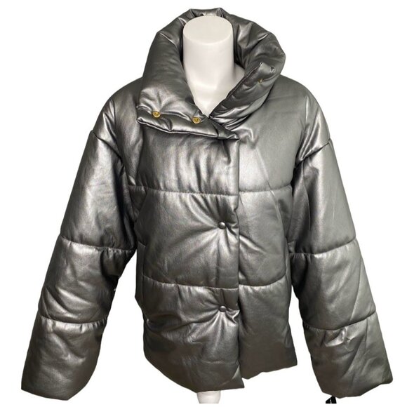 INC‎ Puffer Coat Women's LARGE Silver Gray Faux-Leather High-Neck Pockets NEW - Picture 1 of 15
